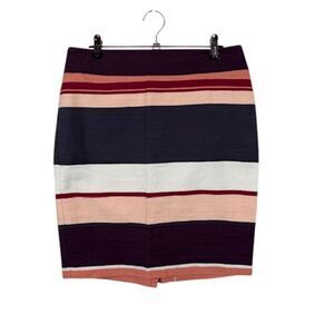 Loft Striped Textured Pencil Skirt Back Zip Coral Purple Cream Lined Size 2